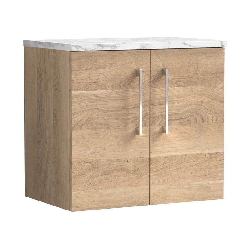 Nuie Arno 600mm Wall Hung 2-door Vanity & Laminate Worktop Contemporary Bleached Oak MFC Textured Woodgrain 562x605x390mm - ARN3023LCM