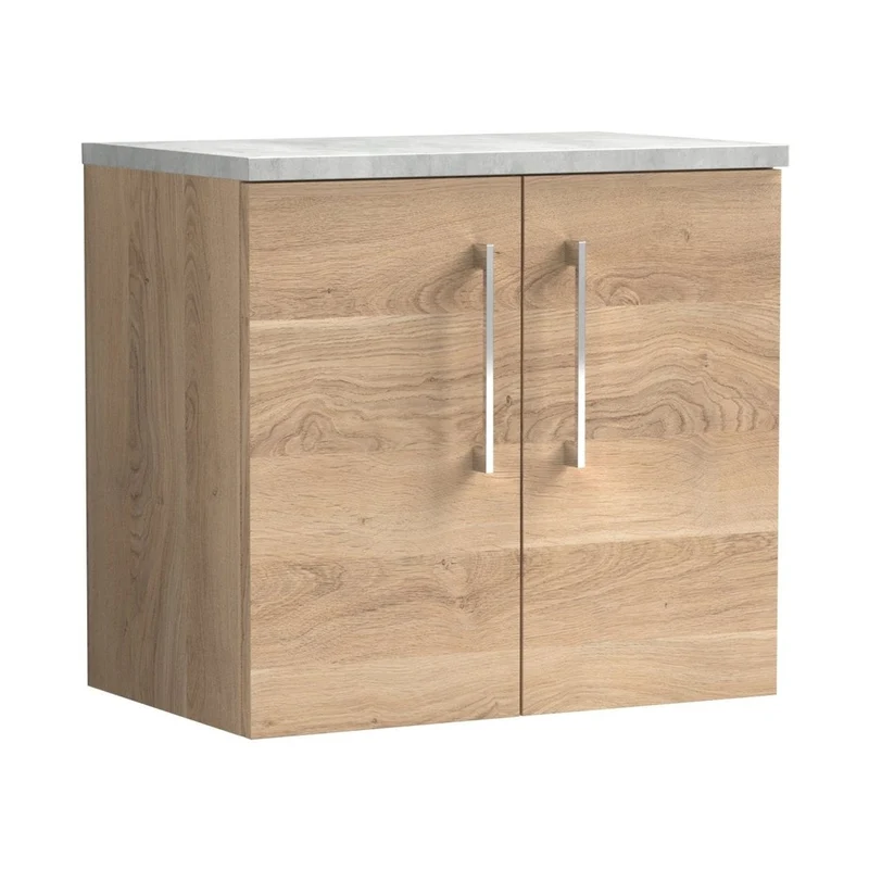 Nuie Arno 600mm Wall Hung 2-door Vanity & Laminate Worktop Contemporary Bleached Oak MFC Textured Woodgrain 562x605x390mm - ARN3023LBG
