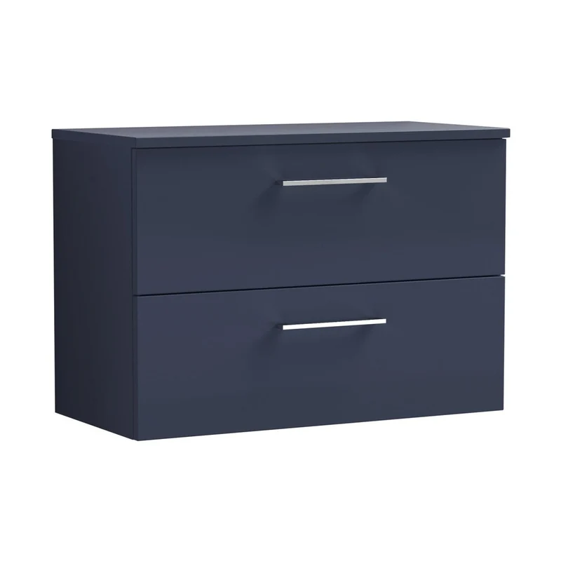 Nuie Arno 800mm Wall Hung 2-drawer Vanity & Worktop Contemporary Midnight Blue MFC Painted Matt 558x805x390mm