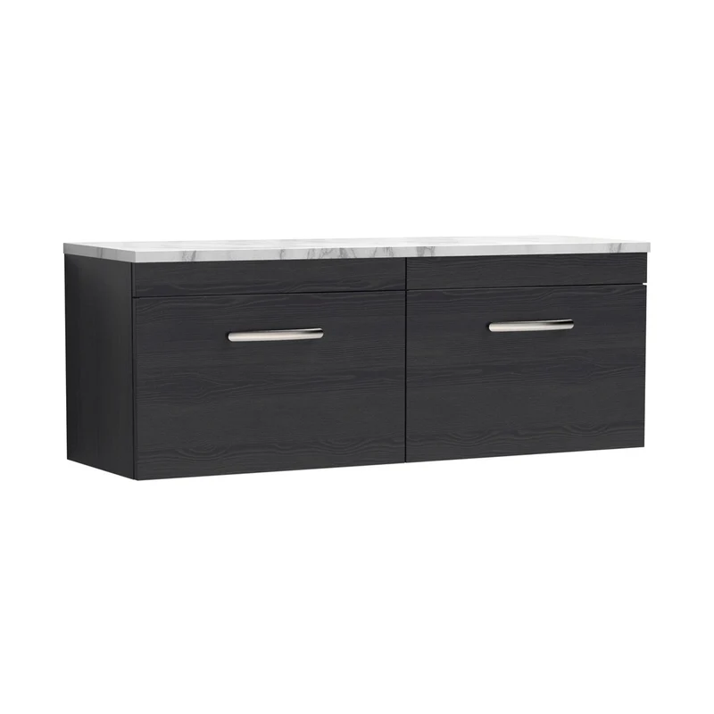 Nuie Athena 1200 Wall Hung 2-drawer Unit & Laminate Worktop Contemporary Charcoal Black MFC Textured Woodgrain 452x1205x390mm