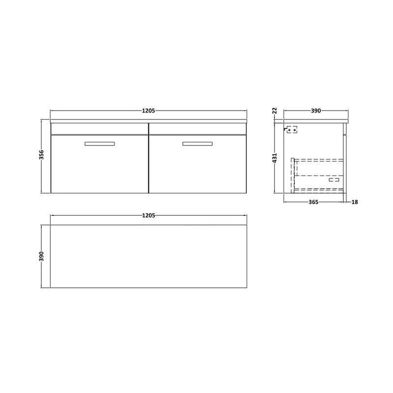 Nuie Athena 1200 Wall Hung 2-drawer Unit & Laminate Worktop Contemporary Charcoal Black MFC Textured Woodgrain 452x1205x390mm