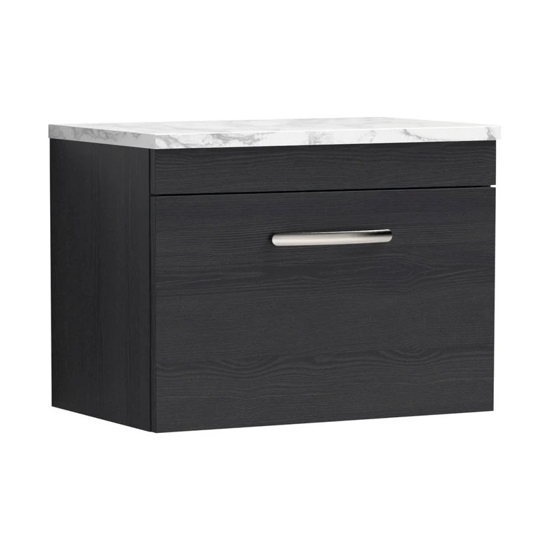 Nuie Athena 600 Wall Hung Single Drawer Unit & Laminate Worktop Contemporary Charcoal Black MFC Textured Woodgrain 452x605x390mm