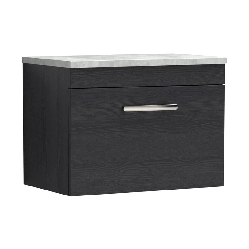 Nuie Athena 600mm Wall Hung Vanity With Grey Worktop Contemporary Charcoal Black MFC Textured Woodgrain 452x605x390mm