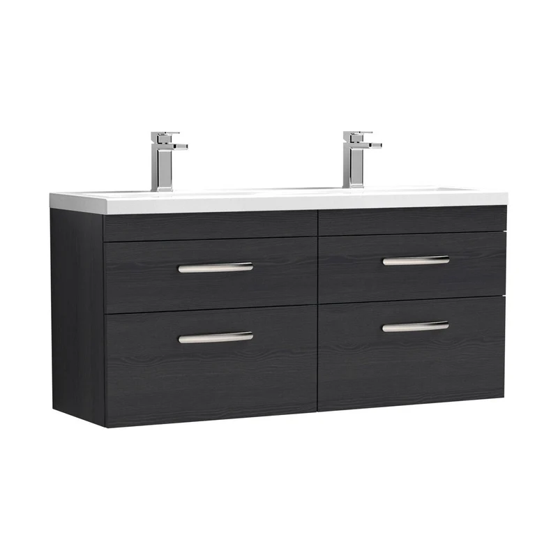 Nuie Athena 1200mm Wall Hung Cabinet With Double Ceramic Basin Contemporary Charcoal Black MFC Textured Woodgrain 578x1208x390mm