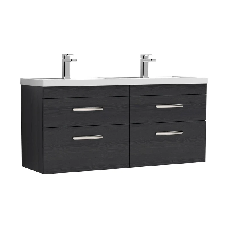 Nuie Athena 1200mm Wall Hung Cabinet With Double Basin Contemporary Charcoal Black MFC Textured Woodgrain 578x1205x390mm