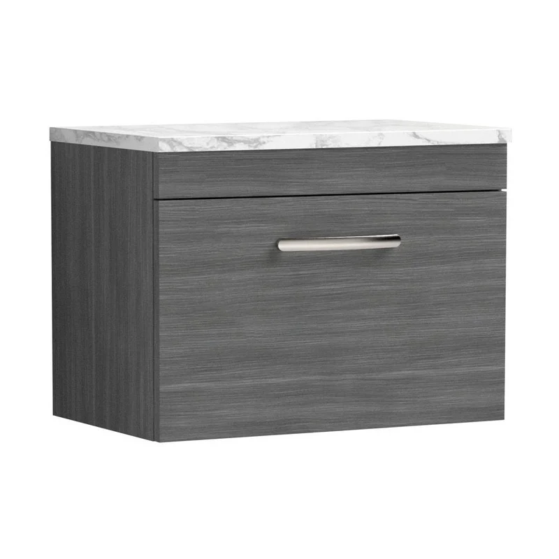 Nuie Athena 600 Wall Hung Single Drawer Unit & Laminate Worktop Contemporary Anthracite Woodgrain MFC Textured Woodgrain 452x605x390mm