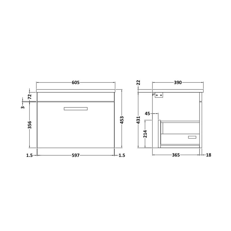 Nuie Athena 600mm Wall Hung Vanity With Grey Worktop Contemporary Anthracite Woodgrain MFC Textured Woodgrain 452x605x390mm