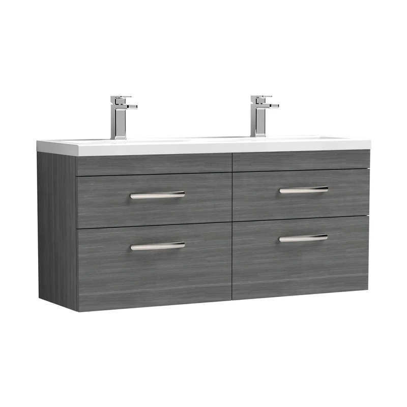Nuie Athena 1200mm Wall Hung Cabinet With Double Ceramic Basin Contemporary Anthracite Woodgrain MFC Textured Woodgrain 578x1208x390mm