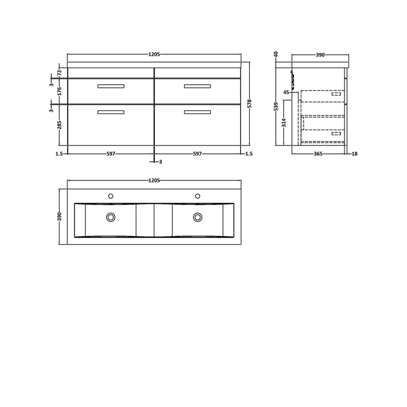 Nuie Athena 1200mm Wall Hung Cabinet With Double Ceramic Basin Contemporary Anthracite Woodgrain MFC Textured Woodgrain 578x1208x390mm
