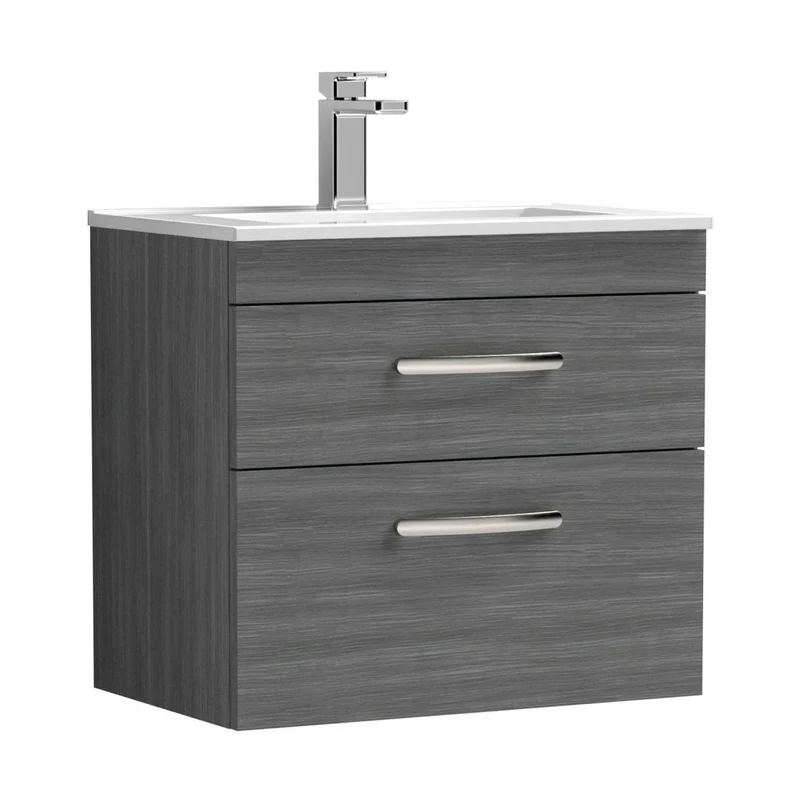 Nuie Athena 600mm Wall Hung Vanity With Basin 2 Contemporary Anthracite Woodgrain MFC 556x605x395mm
