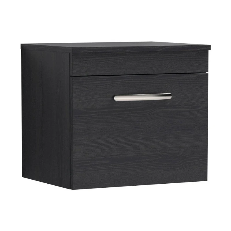 Nuie Athena 500mm Wall Hung Vanity With Worktop Contemporary Charcoal Black MFC Textured Woodgrain 448x505x390mm