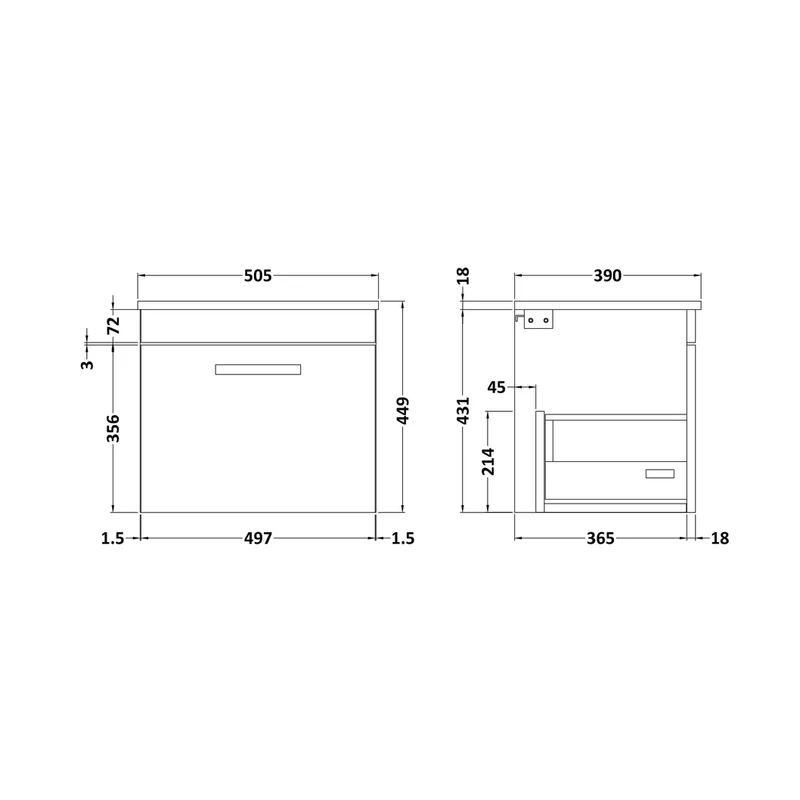 Nuie Athena 500mm Wall Hung Vanity With Worktop Contemporary Charcoal Black MFC Textured Woodgrain 448x505x390mm