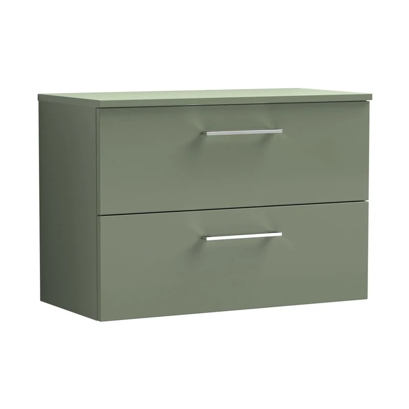 Nuie Arno 800mm Wall Hung 2 Drawer Vanity & Worktop Contemporary Satin Green MFC Painted Matt 539x805x390mm