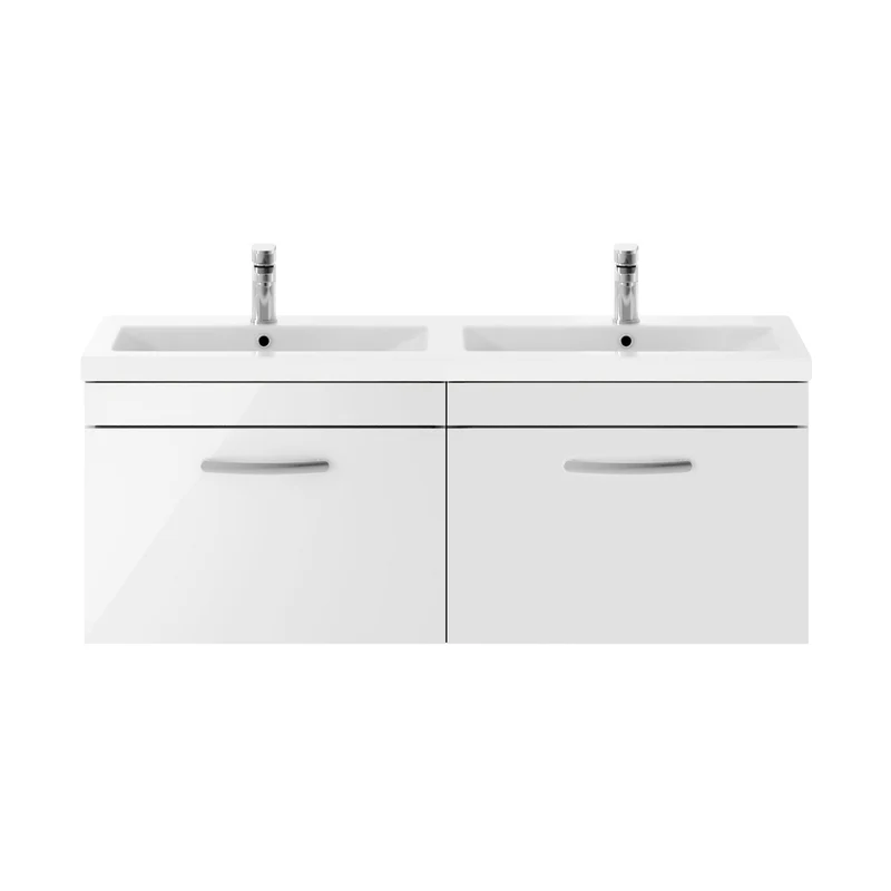 Nuie Athena 1200mm Wall Hung Cabinet With Double Ceramic Basin Contemporary Gloss White MFC Painted Gloss 470x1208x390mm