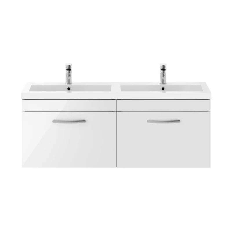 Nuie Athena 1200mm Wall Hung Cabinet With Double Basin Contemporary Gloss White MFC Painted Gloss 470x1205x390mm