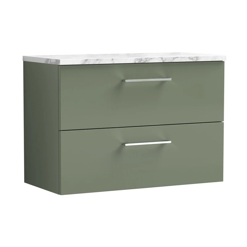 Nuie Arno 800mm Wall Hung 2-drawer Vanity & Laminate Worktop Contemporary Satin Green MFC Painted Matt 562x805x390mm