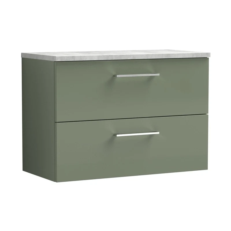 Nuie Arno 800mm Wall Hung 2 Drawer Vanity & Laminate Top Contemporary Satin Green MFC Painted Matt 561x805x390mm - ARN826LBG