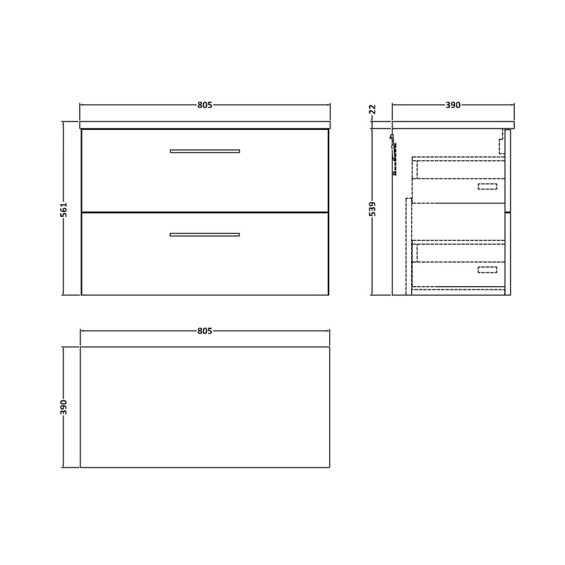 Nuie Arno 800mm Wall Hung 2 Drawer Vanity & Laminate Top Contemporary Satin Green MFC Painted Matt 561x805x390mm - ARN826LBG
