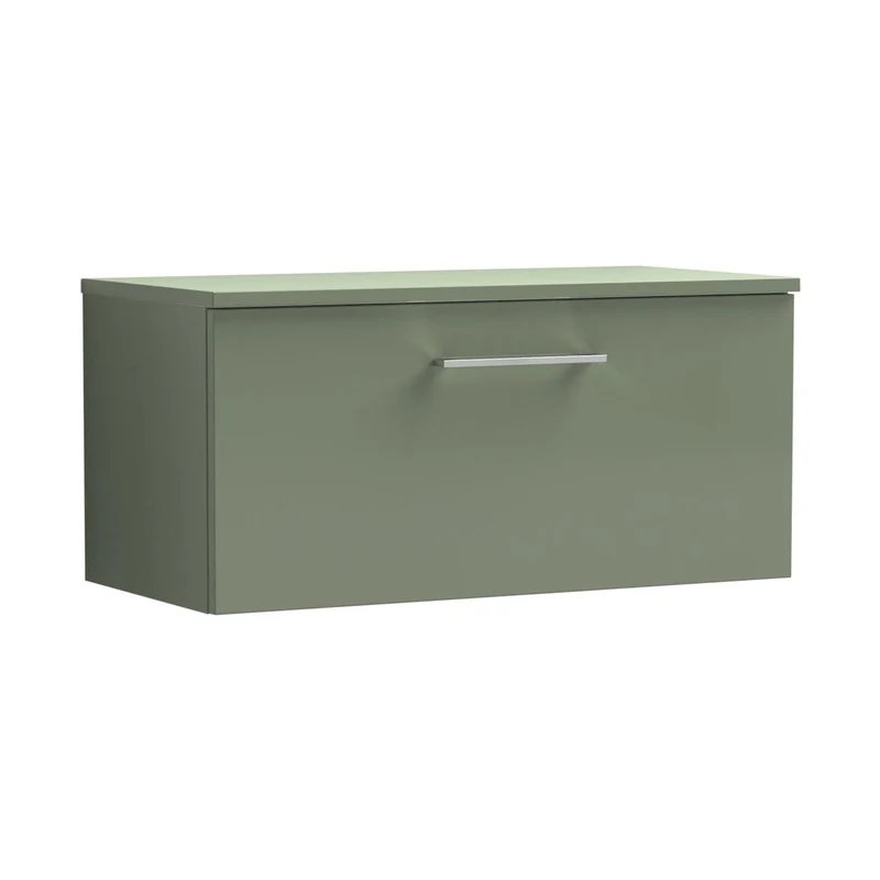 Nuie Arno 800mm Wall Hung 1 Drawer Vanity & Worktop Contemporary Satin Green MFC Painted Matt 377x805x390mm
