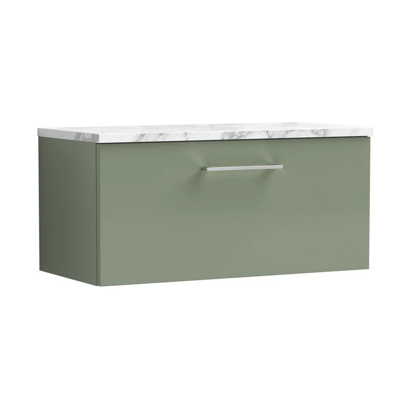 Nuie Arno 800mm Wall Hung 1-drawer Vanity & Laminate Worktop Contemporary Satin Green MFC Painted Matt 381x805x390mm