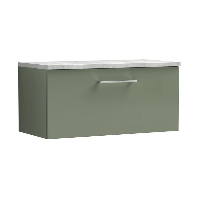 Nuie Arno 800mm Wall Hung Single Drawer Vanity & Laminate Top Contemporary Satin Green MFC Painted Matt 381x805x390mm