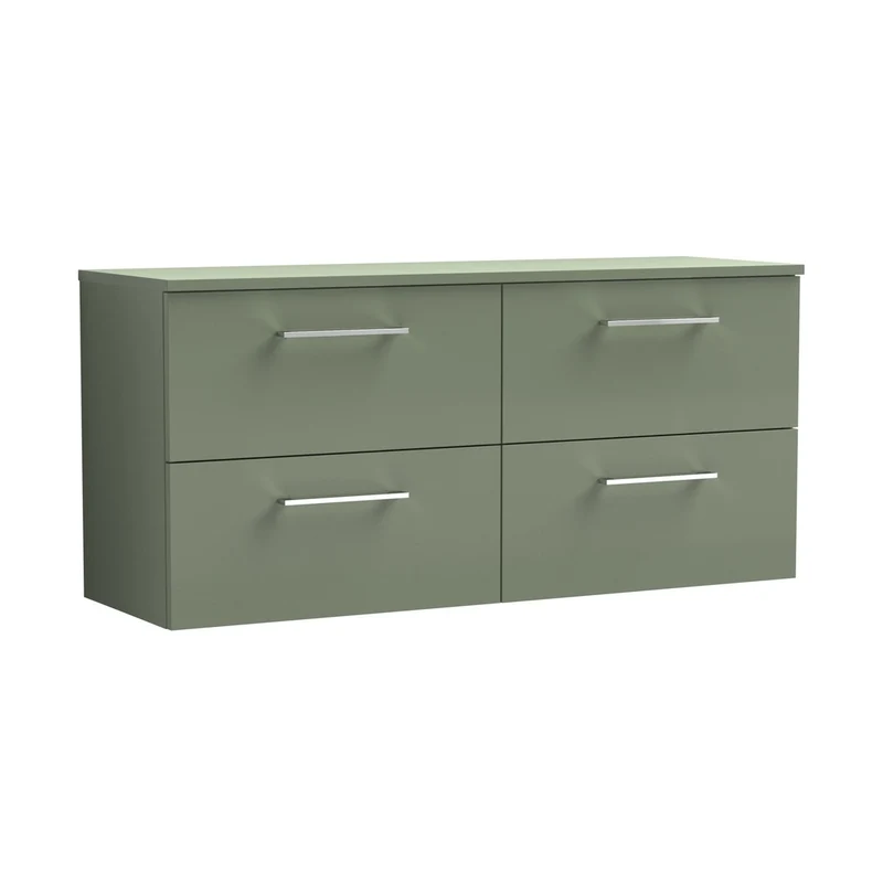 Nuie Arno 1200mm Wall Hung 4 Drawer Vanity & Worktop Contemporary Satin Green MFC Painted Matt 557x1205x390mm