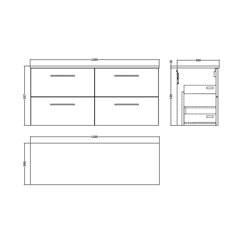 Nuie Arno 1200mm Wall Hung 4 Drawer Vanity & Worktop Contemporary Satin Green MFC Painted Matt 557x1205x390mm