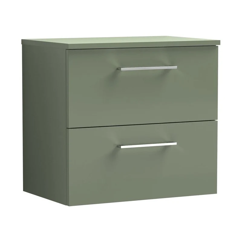 Nuie Arno 600mm Wall Hung 2 Drawer Vanity & Worktop Contemporary Satin Green MFC Painted Matt 539x605x383mm