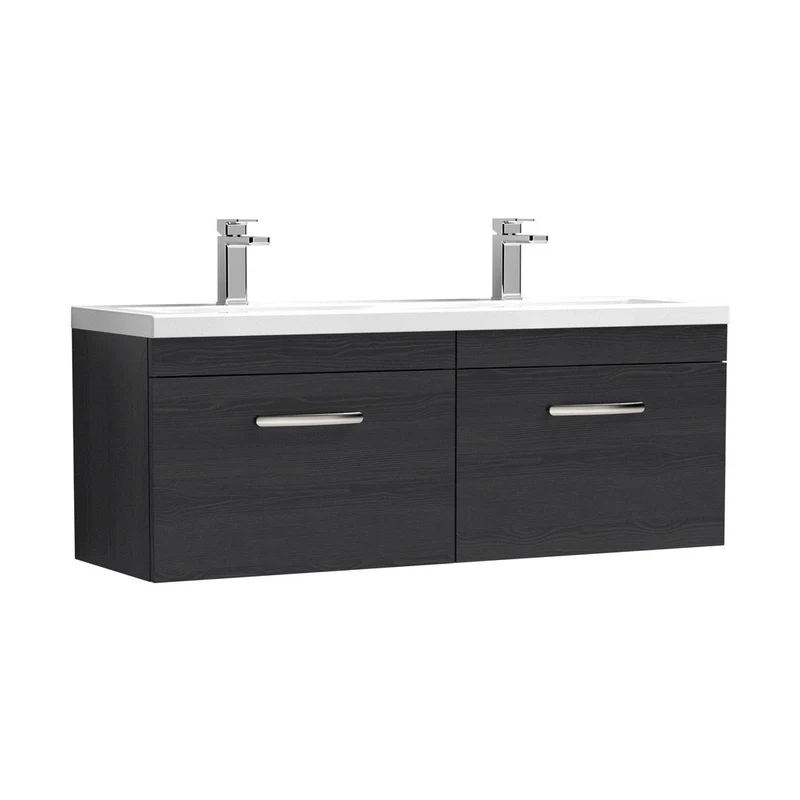 Nuie Athena 1200mm Wall Hung Cabinet With Double Ceramic Basin Contemporary Charcoal Black MFC Textured Woodgrain 470x1208x390mm