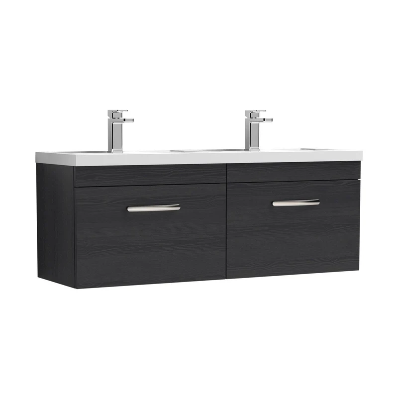 Nuie Athena 1200mm Wall Hung Cabinet With Double Basin Contemporary Charcoal Black MFC Textured Woodgrain 470x1205x390mm