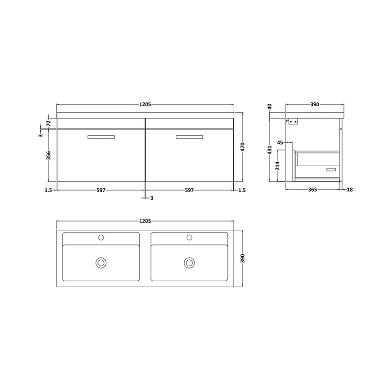 Nuie Athena 1200mm Wall Hung Cabinet With Double Basin Contemporary Charcoal Black MFC Textured Woodgrain 470x1205x390mm