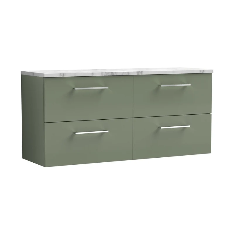 Nuie Arno 1200mm Wall Hung 4-drawer Vanity & Laminate Worktop Contemporary Satin Green MFC Painted Matt 562x1205x390mm - ARN824LCM2