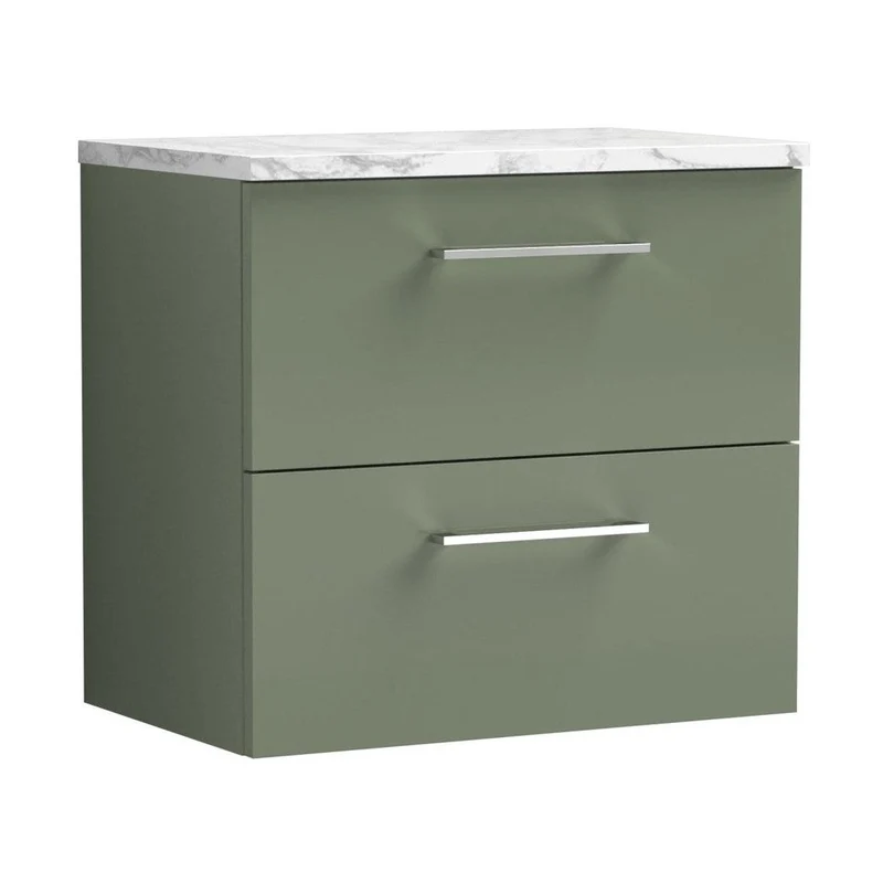 Nuie Arno 600mm Wall Hung 2-drawer Vanity & Laminate Worktop Contemporary Satin Green MFC Painted Matt 562x605x390mm