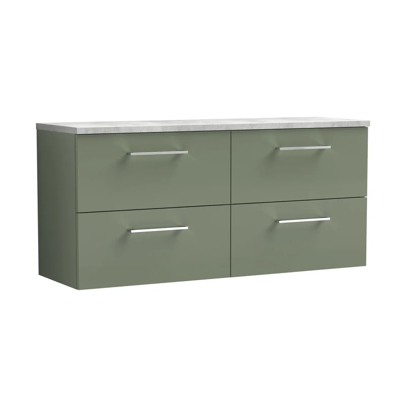 Nuie Arno 1200mm Wall Hung 4-drawer Vanity & Laminate Worktop Contemporary Satin Green MFC Painted Matt 562x1205x390mm - ARN824LBG2
