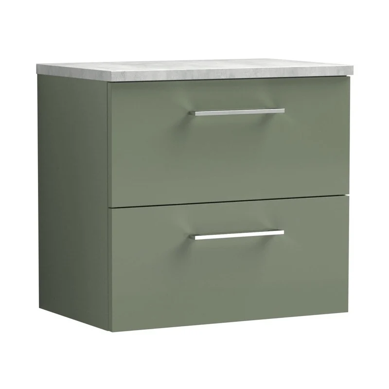 Nuie Arno 600mm Wall Hung 2 Drawer Vanity & Laminate Top Contemporary Satin Green MFC Painted Matt 561x605x390mm