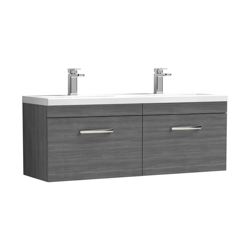Nuie Athena 1200mm Wall Hung Cabinet With Double Ceramic Basin Contemporary Anthracite Woodgrain MFC Textured Woodgrain 470x1208x390mm