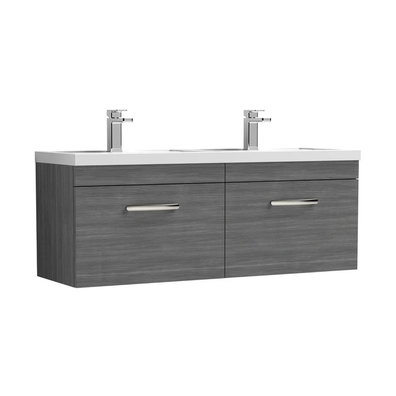 Nuie Athena 1200mm Wall Hung Cabinet With Double Basin Contemporary Anthracite Woodgrain MFC Textured Woodgrain 470x1205x390mm