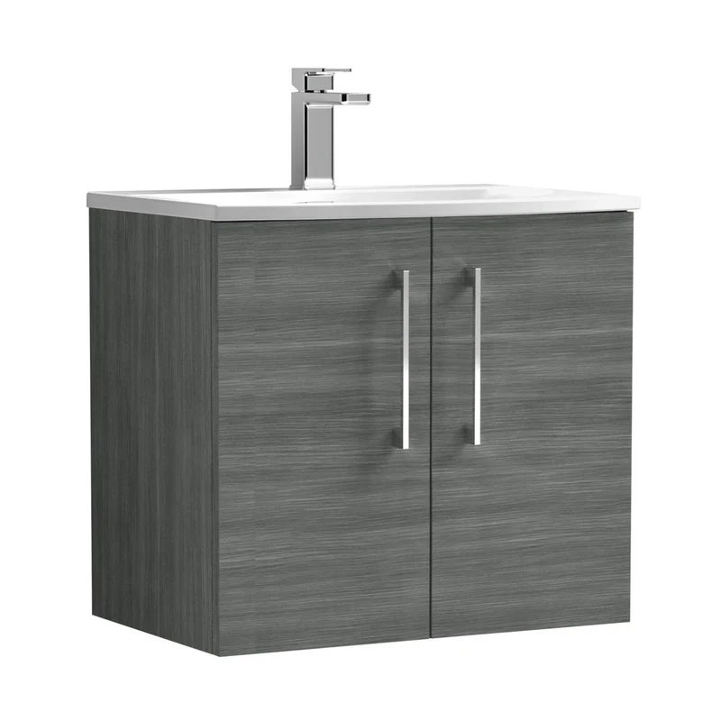 Nuie Arno 600mm Wall Hung 2 Door Vanity & Basin 4 Contemporary Anthracite Woodgrain 569x610x440mm