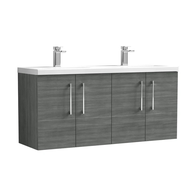 Nuie Arno 1200mm Wall Hung 4 Door Vanity & Double Basin Contemporary Anthracite Woodgrain MFC Textured Woodgrain 580x1205x383mm