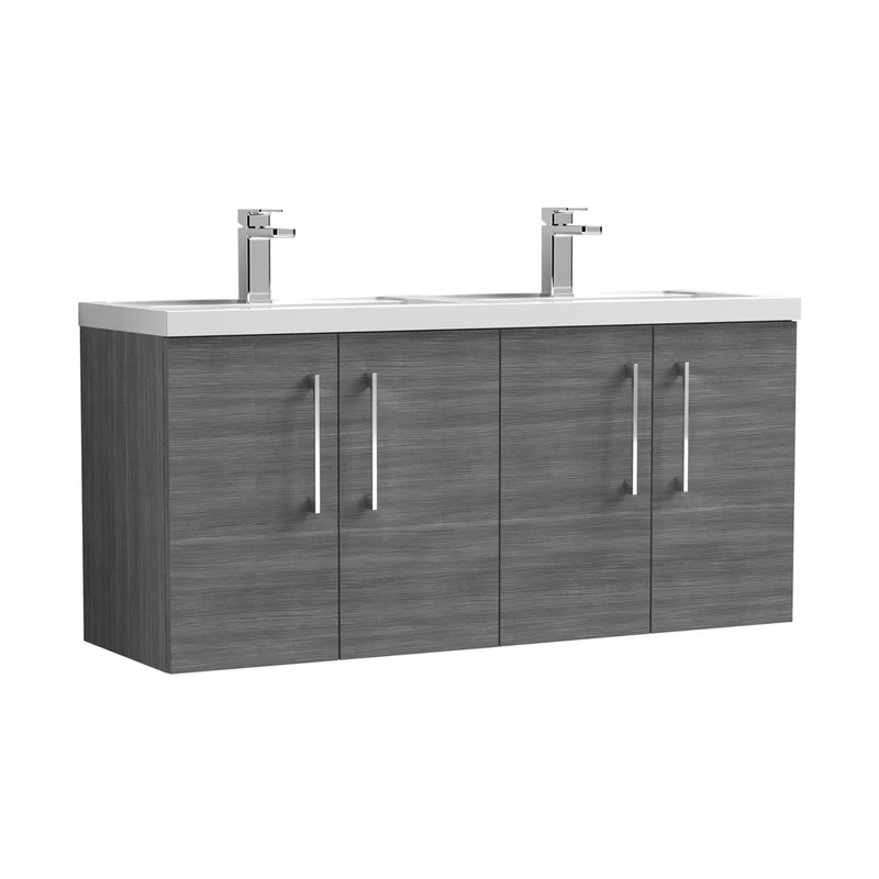 Nuie Arno 1200mm Wall Hung 4 Door Vanity & Double Basin Contemporary Anthracite Woodgrain MFC Textured Woodgrain 561x1205x383mm