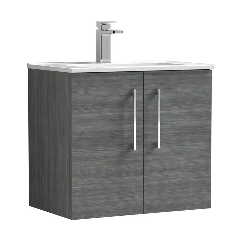 Nuie Arno 600mm Wall Hung 2 Door Vanity & Basin 2 Contemporary Anthracite Woodgrain 557x600x390mm