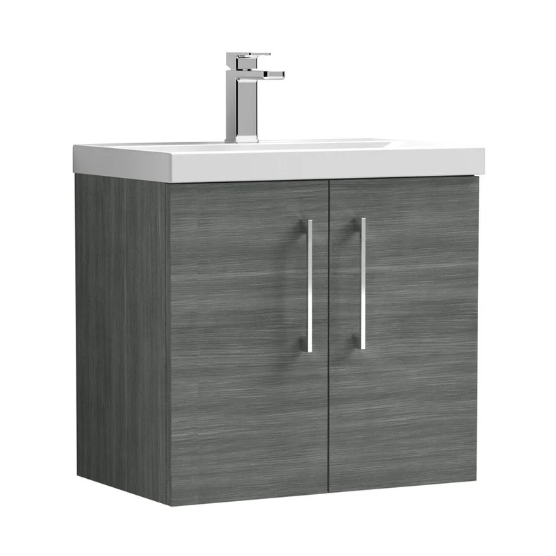 Nuie Arno 600mm Wall Hung 2 Door Vanity & Basin 1 Contemporary Anthracite Woodgrain 579x610x390mm