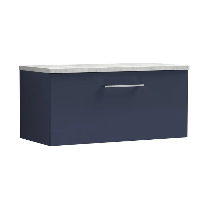 Nuie Arno 800mm Wall Hung Single Drawer Vanity & Laminate Worktop Contemporary Midnight Blue MFC Painted Matt 381x805x390mm