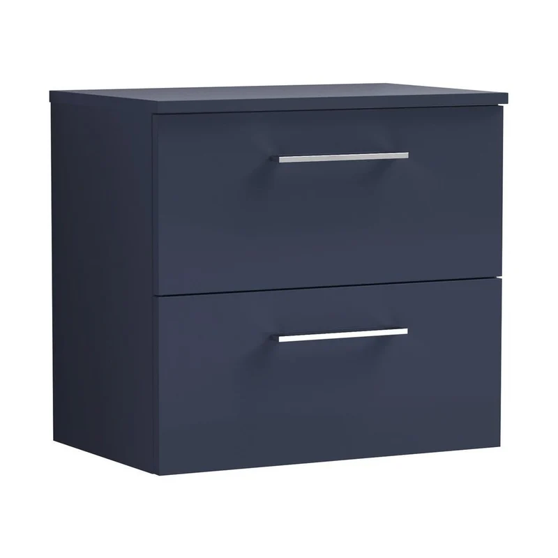 Nuie Arno 600mm Wall Hung 2-drawer Vanity & Worktop Contemporary Midnight Blue MFC Painted Matt 558x605x390mm