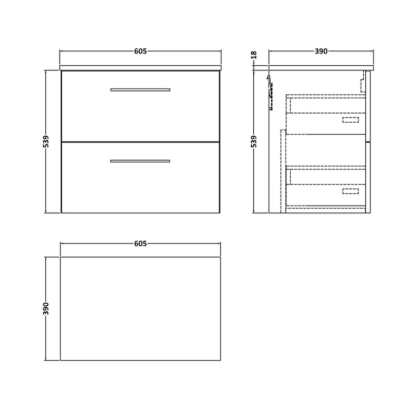 Nuie Arno 600mm Wall Hung 2-drawer Vanity & Worktop Contemporary Midnight Blue MFC Painted Matt 558x605x390mm