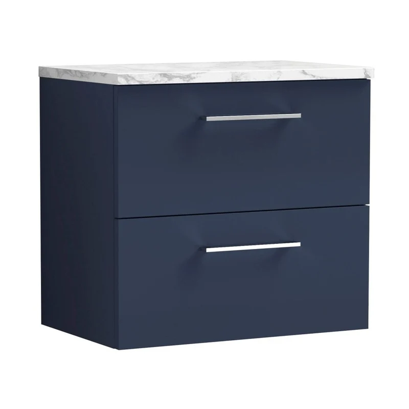 Nuie Arno 600mm Wall Hung 2-drawer Vanity & Laminate Worktop Contemporary Midnight Blue MFC Painted Matt 562x605x390mm - ARN2924LCM