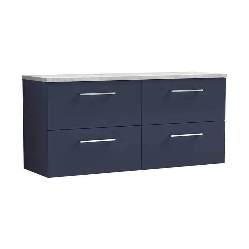 Nuie Arno 1200mm Wall Hung 4-drawer Vanity & Laminate Worktop Contemporary Midnight Blue MFC Painted Matt 562x1205x390mm - ARN2924LBG2