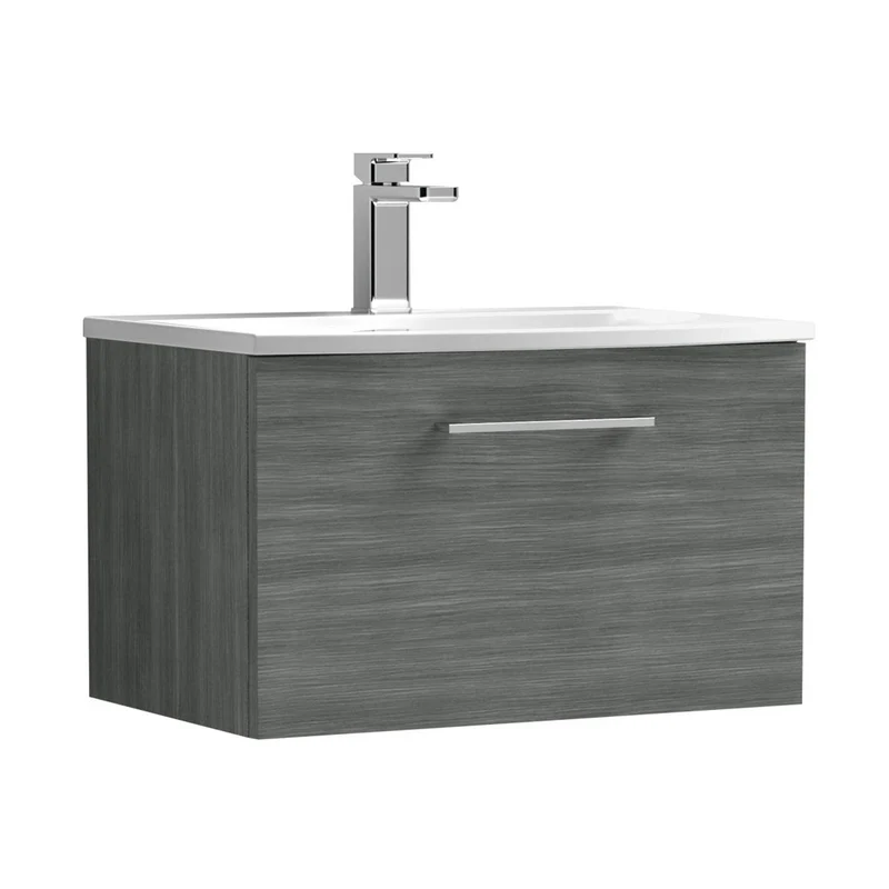 Nuie Arno 600mm Wall Hung 1 Drawer Vanity & Basin 4 Contemporary Anthracite Woodgrain 389x610x440mm