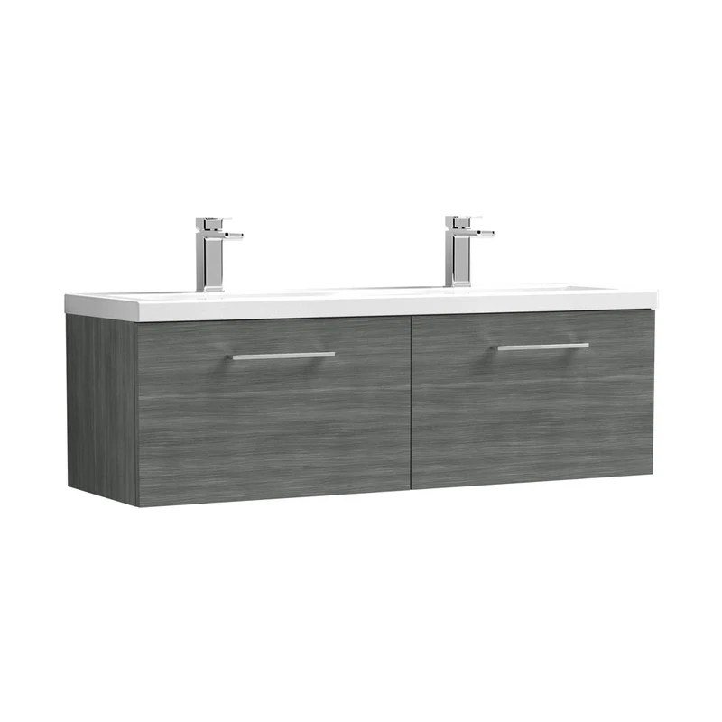 Nuie Arno 1200mm Wall Hung 2 Drawer Vanity & Double Basin Contemporary Anthracite Woodgrain MFC Textured Woodgrain 399x1205x383mm