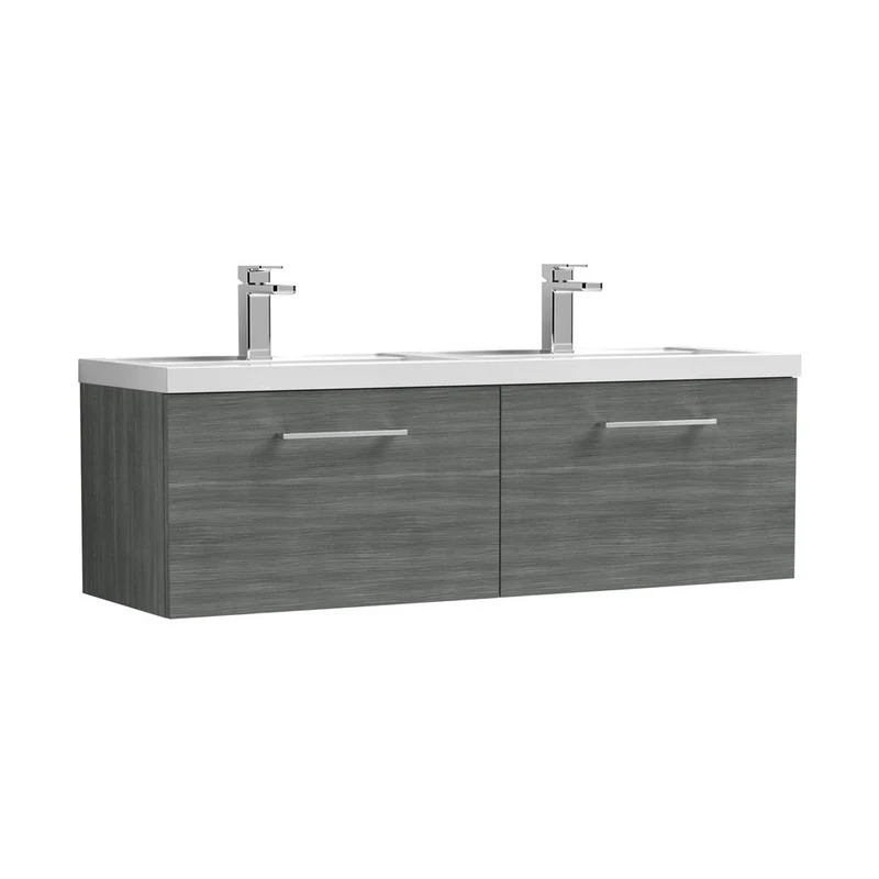 Nuie Arno 1200mm Wall Hung 2 Drawer Vanity & Double Basin Contemporary Anthracite Woodgrain MFC Textured Woodgrain 377x1205x383mm